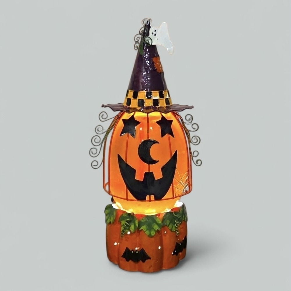 PUMPKIN AQUA GLITTER   LAMP WITCH HAT 14" ELECTRIC HALLOWEEN NEW IN BOX JCPENNEY - Picture 2 of 16